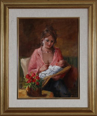 PARMIGIANI ALDO (n. 1935) Maternità. Olio su tela. Cm 30,00 x 41,00. Firma in...