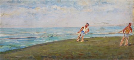 MALESCI GIOVANNI (1884 - 1969) Personaggi in riva al mare. Olio su tavola. Cm...