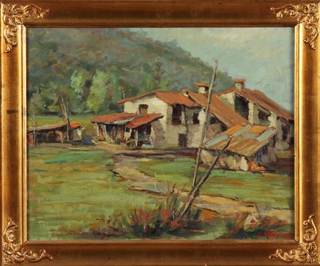 VALBUSA GAETANO (1905 - 1989) Case e montagne. Olio su compensato. Cm 50,00 x...