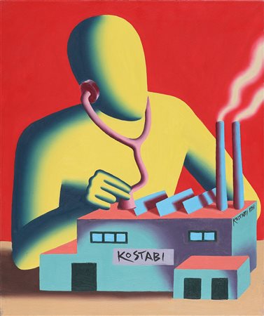 KOSTABI MARK (n. 1960) Factory (Red). 1991. Olio su tela. Cm 62,00 x 50,00....