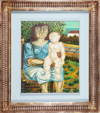 MIGNECO GIUSEPPE (1908 - 1997) Madre e Bambina. Olio su tela . Cm 40,00 x...