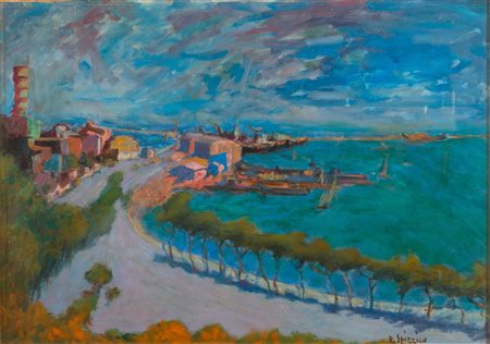 RAFFAELE SPIZZICO (Bari 1912 - ?) Porto Olio su tela, cm. 50 x 70 Firma in...