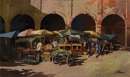 GIANFRANCO PELLIZZONI (1937)Mercatino, 2004 Olio su telaCm 60x100Firma al...