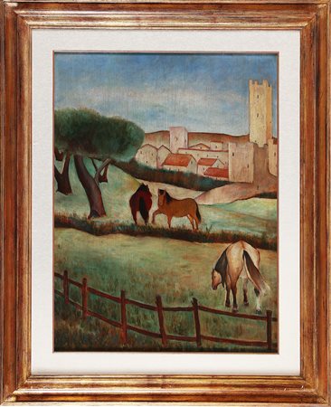 CESETTI GIUSEPPE (1902 - 1990) Meriggio a Tuscania. 1937. Olio su tavola. Cm...