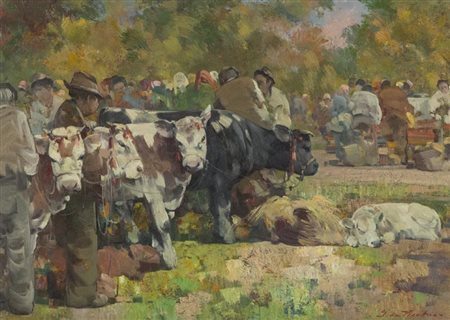 Giulio Da Vicchio Giorno di Fiera (Vicchio Mugello) Olio su tela, cm. 50x70...