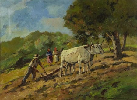 Carlo Domenici Buoi all'aratro Olio su tavola, cm. 54x71 Firmato in basso a...