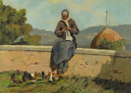 Carlo Domenici Contadina a riposo 1927 Olio su tavola, cm. 50x70 Firmato in...