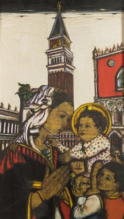 Gennaro Picinni Madonna con bambino a Venezia 1971 Olio su tavola, cm....