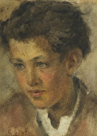 Erler (Giulio Ettore) Volto di giovanetto 1942 Olio su cartone, cm. 28,5x21...