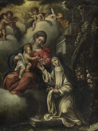 Anonimo Scuola Marchigiana fine secolo XVI Madonna con bambino, Santa...