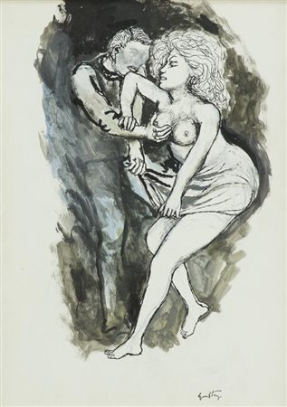 Renato Guttuso Figure 1977 Guache su carta intelata, cm. 36x25 Firmato in...