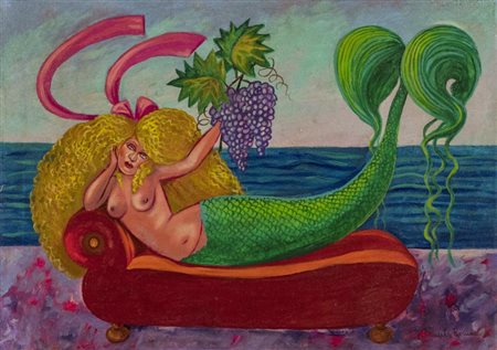 Daniela Romano Sirena sul divano Olio su tela, cm. 50x70 Firmato in basso a...