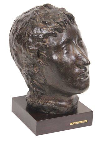 Arturo Martini, Testa di giovane, scultura in bronzo, h. cm. 35, es. 4/9, si...