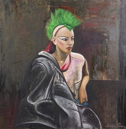 Antonio Sciacca, Punk a Londra, olio su tela, cm. 80x80, firmato in basso a...