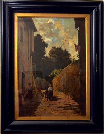 Aldo Affortunati, In paese, Olio su tavola, cm. 60x40, Firma in basso a destra