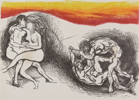 Renato Guttuso, Coppie, (1978 circa), litografia su carta, cm. 50x70, es....