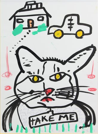 Paul Kostabi, Lucky Cat #3, 2003, inchiostro e pennarello su carta, cm....