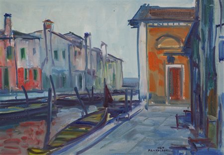 Ideo Pantaleoni, Canale a Burano (Venezia), 1948, olio su tela di juta, cm....