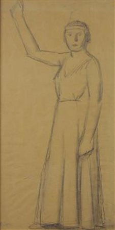 Pompeo Borra, Figura, Carboncino su carta applicata su tela, cm. 58x31,...