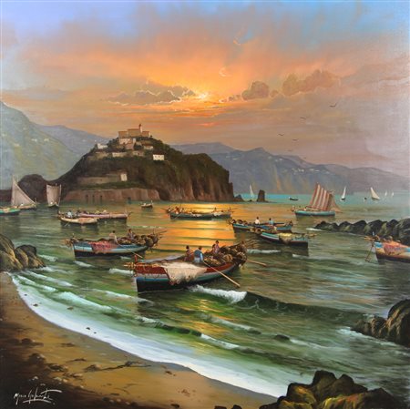 Mario Galanti, Golfo, olio su tela, cm. 100x100, firmato in basso a sinistra,...