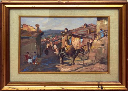 Luschi Masaniello, Paese, olio su tela, cm. 30x40, firma in basso a destra e...