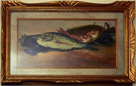 R. Martini, Natura morta, Olio su faesite, cm. 30x60, Firma in basso a destra...