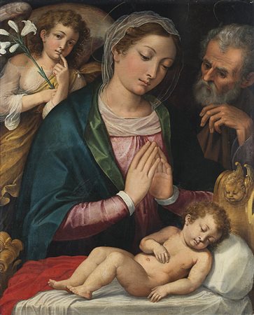 Scuola del secolo XVIII, "Sacra Famiglia con Arcangelo Gabriele", olio su...