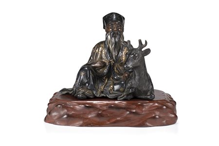 Figura di saggio in bronzo con barba e cervo con base in legno (difetti e...