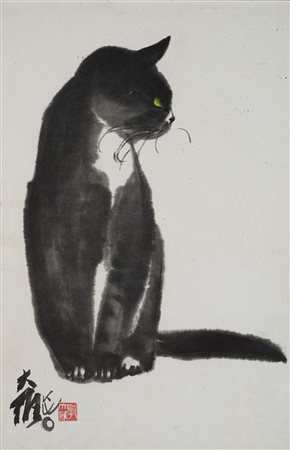 David Kuo - Guo Dawei (1919-2013) "Black Cat", litografia inchiostro e colore...