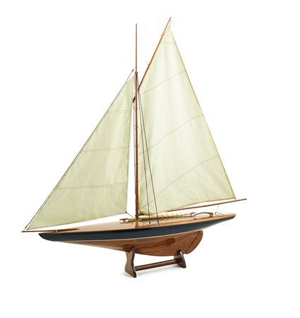 Modello di barca a vela XX Sec. 106x110x16 cm. in legno, entro teca in legno...