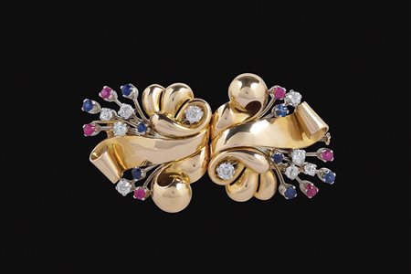 Spilla doppia clips in oro rosa e bianco 18kt anni 40/50 peso 34,5 gr. con...