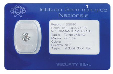 Diamante sciolto taglio brillante ct 1,14 in blister colore I - purezza VS1,...