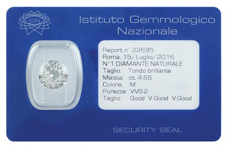 Diamante sciolto taglio brillante ct 4,68 in blister colore M - purezza VVS2,...