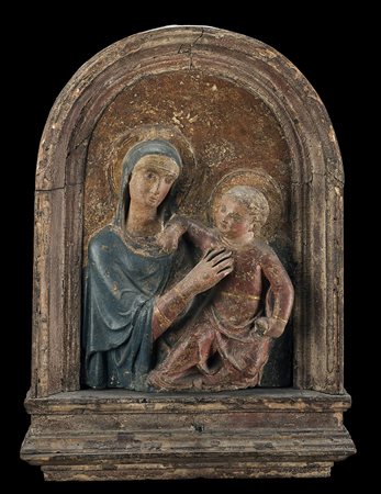 Arte toscana del sec. XV "Madonna con bambino" altorilievo in stucco decorato...