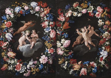 detto Mario dei Fiori (Attr.) "Ghirlande di fiori con amorini" coppia di...