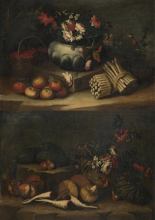 Scuola del secolo XVIII "Ortaggi, fiori e frutti" coppia di dipinti ad olio...