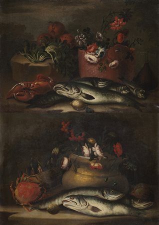 Scuola del secolo XVIII "Pesci, fiori e frutta" coppia di dipinti ad olio su...