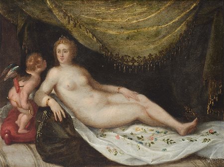 Scuola fiamminga del secolo XVII "Venere e Amore" olio su rame (cm 18x23) In...