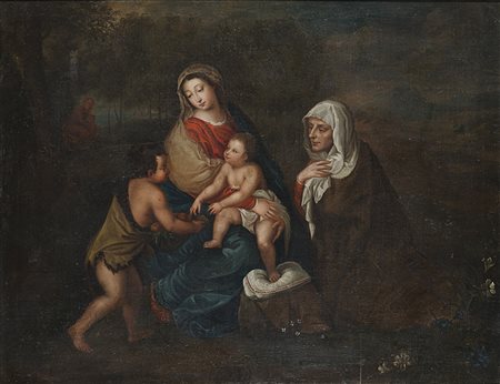 Scuola del secolo XVII "Madonna con Bambino, S. Giovannino e S. Anna" olio tu...