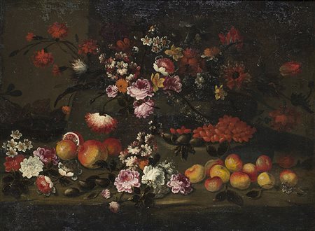 Antico dipinto "Natura morta con fiori e frutta" olio su tela (cm 86.5x115)...