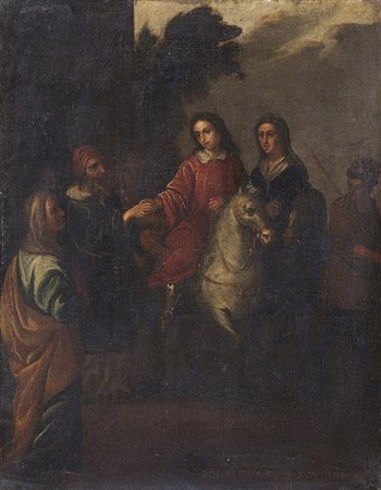 Scuola del secolo XIII "Cavaliere con personaggi" olio su tela (cm 82x64). In...