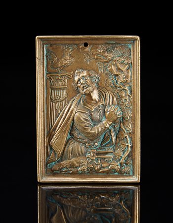 Arte del sec. XVII "San Pietro" placca in bronzo (cm 8,5x5,5) (difetti)...