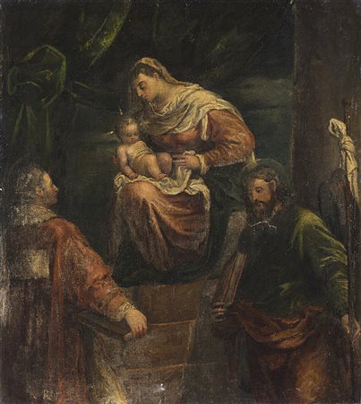 Scuola veneta del secolo XVIII "Madonna con Bambino e Santi" olio su tela (cm...