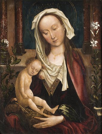 Maestro tedesco del secolo XVII "Madonna con bambino e fiori" olio su tavola...