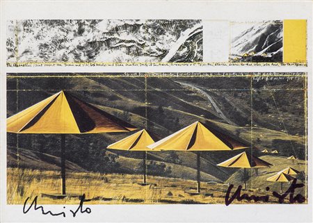 CHRISTO (1935) The Umbrellas Cartolina cm 10,5x14,5 Doppia firma a pennarello...