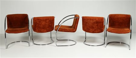 OFFREDI GIOVANNI (n. 1927) Cinque sedie in acciaio cromato e tessuto, mod....