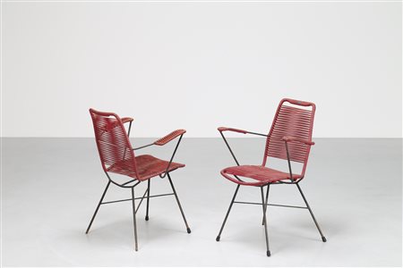 MANIFATTURA ITALIANA Coppia sedie in metallo laccato e plastica, anni 60. ....