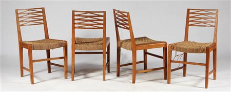 SCREMIN LUIGI (1896 - 1983) Quattro sedie in acacia robinia e corda per...