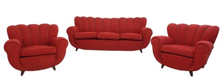 UN SOFA" E DUE POLTRONE, anni "50. Struttura in legno, imbottiture rivestite...