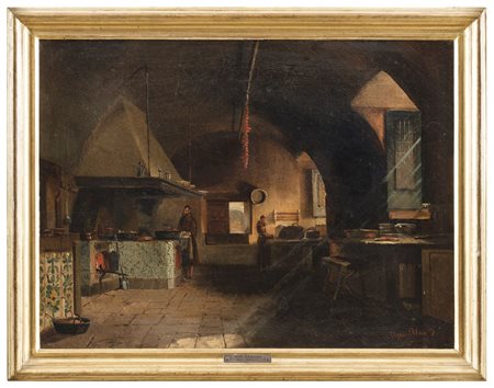 CESARE UVA Avellino 1824 - Napoli 1886 Interno di cucina con frati Olio su...